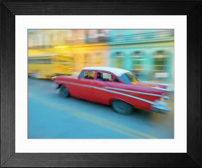 Framed Print : Caribbean, Cuba, Havana, Havana Vieja, UNESCO World Heritage Site, classic car in motion Date: 31-01-2017