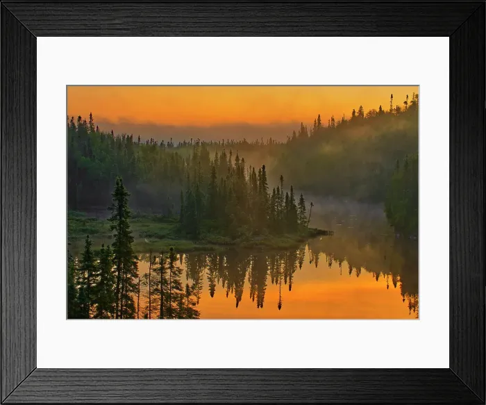 Framed Print : Canada, Ontario, Schreiber. Sunrise fog and forest reflect in lake. Date: 19-07-2008 Framed Print : Canada, Ontario, Schreiber. Sunrise fog and forest reflect in lake. Date: 19-07-2008