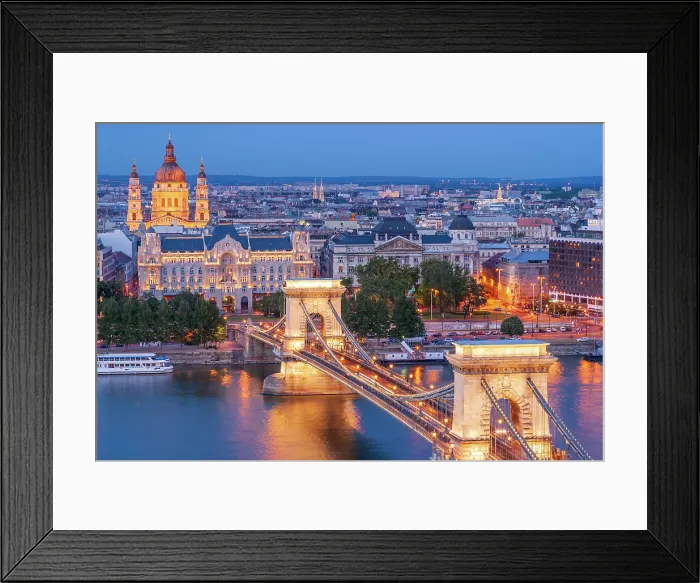 Framed Print : Hungary, Budapest. Szechenyi Chain Bridge across the Danube River. illuminated at night, built between 1839-49 it is supported by two towers and stretches 1, 250 ft (390 meter). Date: 28-06-2007 Framed Print : Hungary, Budapest. Szechenyi Chain Bridge across the Danube River. illuminated at night, built between 1839-49 it is supported by two towers and stretches 1, 250 ft (390 meter). Date: 28-06-2007
