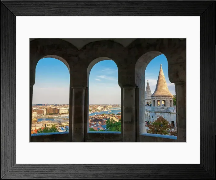Framed Print : Hungary, Budapest. View from inside Fisherman's Bastion. Date: 29-06-2007 Framed Print : Hungary, Budapest. View from inside Fisherman's Bastion. Date: 29-06-2007