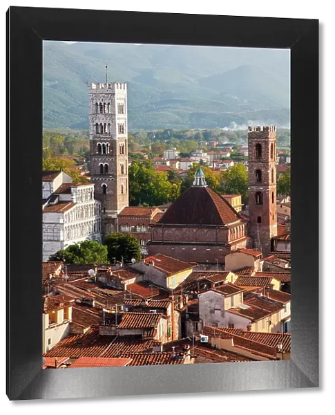 Italy, Tuscany, Lucca. The rooftops of the historic center of Lucca and the medieval bell tower of St. Martin Cathedral. Date: 09-10-2010
