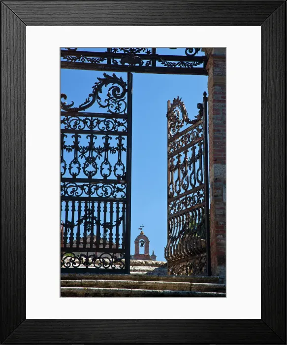 Framed Print : Italy, Tuscany, Montepulciano. The wrought iron gate leading to the cemetery near the Church of San Biaggio. Date: 20-09-2010 Framed Print : Italy, Tuscany, Montepulciano. The wrought iron gate leading to the cemetery near the Church of San Biaggio. Date: 20-09-2010