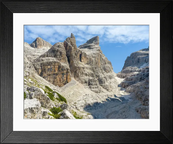Framed Print : Bocca del Tuckett and Cima Sella. The Brenta Dolomites, UNESCO World Heritage Site. Italy, Trentino, Val Rendena Date: 17-09-2020