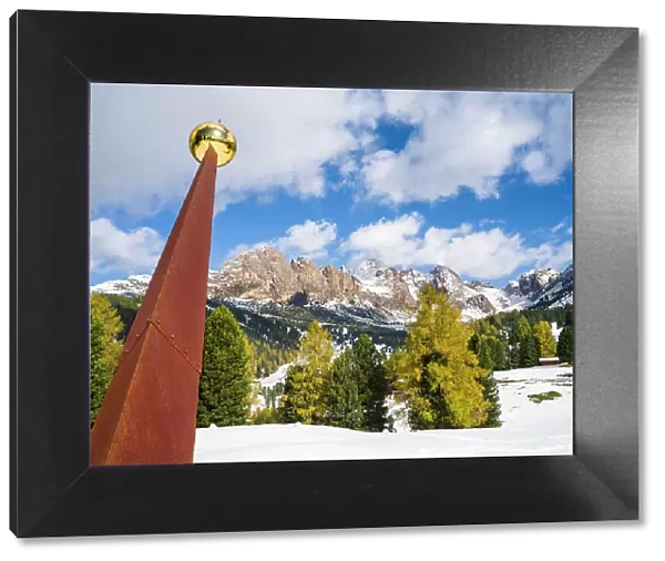 Giant sundial. Geisler mountain range in the dolomites of the Groden Valley or Val Gardena in South Tyrol, Alto Adige. The dolomites are listed as UNESCO World Heritage Site. Central Europe, Italy. Date: 18-10-2020