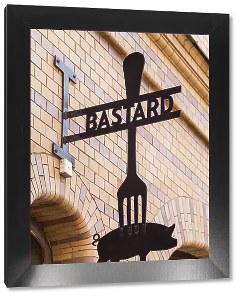 Sweden, Scania, Malmo, Lilla Torg square area, sign for the Bastard Restaurant Date: 24-05-2019