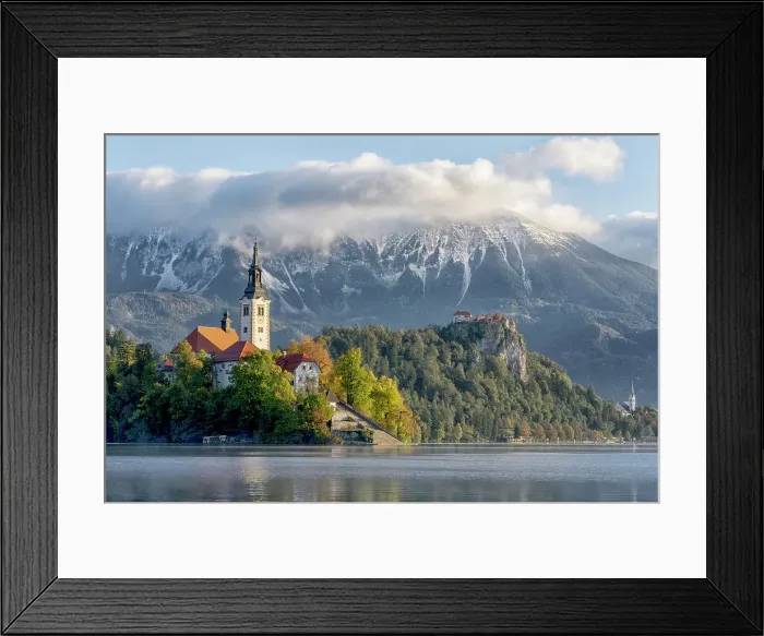 Framed Print : Slovenia, Our Lady of the Lake, Pilgrimage Church of the Assumption of the Virgin Mary, Bled Castle. Date: 13-10-2021