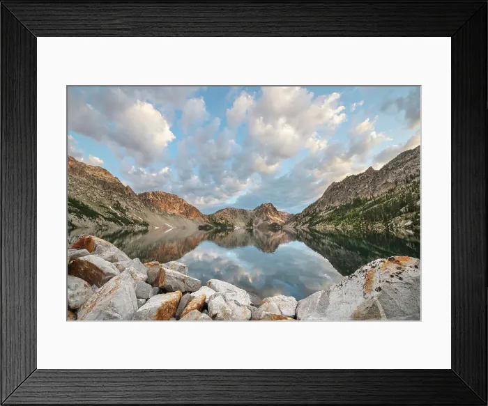 Framed Print : Morning clouds mirrored in still waters of Sawtooth Lake, Sawtooth Mountains Wilderness, Idaho. Date: 01-08-2019