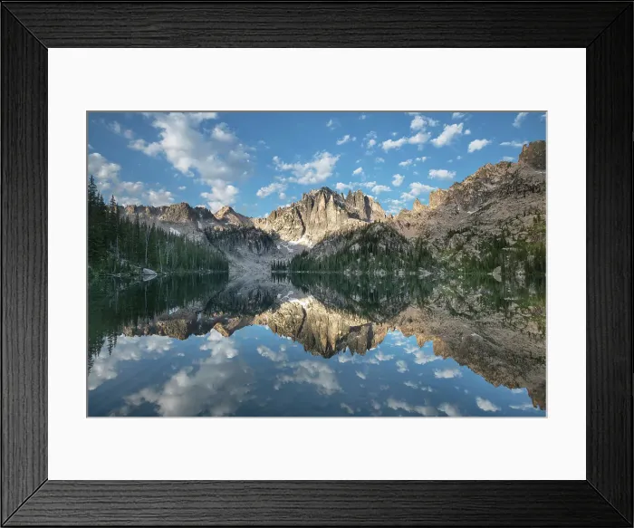 Framed Print : Monte Verita Peak mirrored in still waters of Baron Lake, Sawtooth Mountains Wilderness, Idaho. Date: 04-08-2019