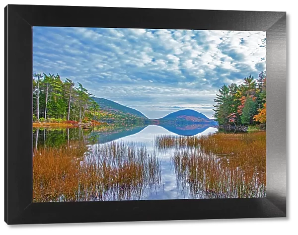 USA, New England, Maine, Acadia National Park and Jordon Pond on very calm Autumn day Date: 11-10-2013