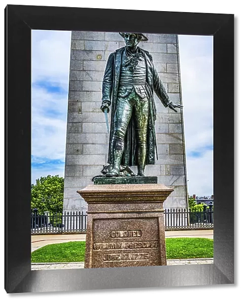 William Prescott Statue, Bunker Hill Battle Monument, Charlestown, Boston, Massachusetts. Site of June 17, 1775 battle, American Revolution Statue cast 1880 by Nelli Prescott commanded American patriots. (Editorial Use Only) Date: 27-12-2020