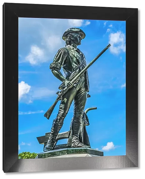The Minute Man statue, Old North Bridge, Minute Man National Historical Park. First Battle American Revolution. Statue by Daniel Chester French, modeled on Isaac Davis Patriot Captain who died at bridge. (Editorial Use Only) Date: 27-12-2020