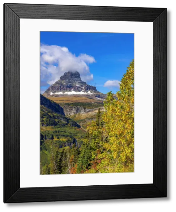 Framed Print : Clements Mountain and Reynolds Creek Falls in autumn, Glacier National Park, Montana, USA Date: 23-09-2021