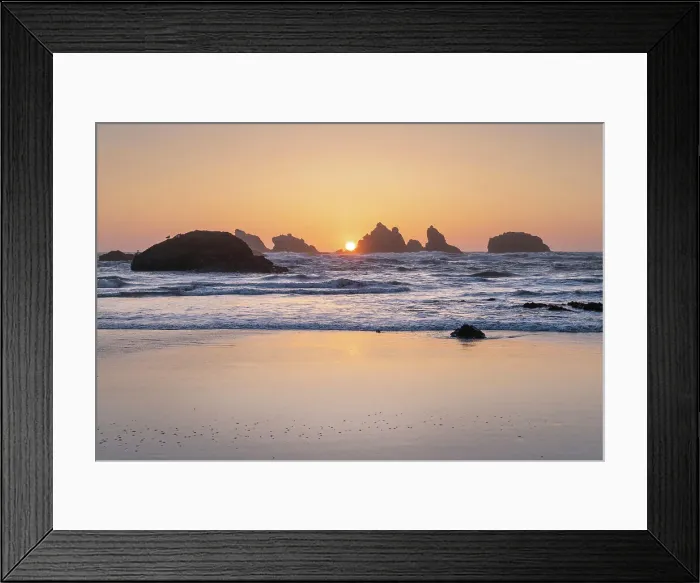 Framed Print : Sunset on Bandon Beach at low tide, Bandon, , Oregon Date: 12-04-2021