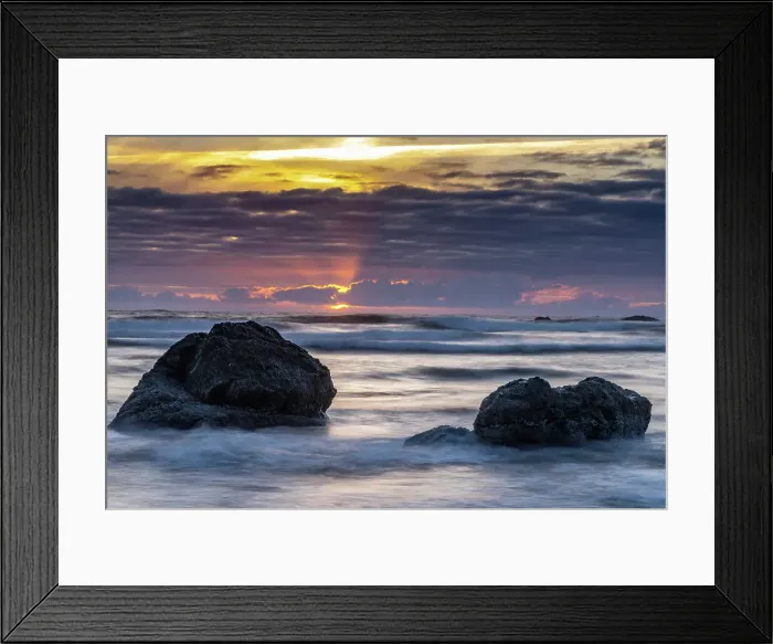 Framed Print : USA, Oregon, Bandon Beach. Pacific Ocean shoreline at sunset. Date: 25-05-2021