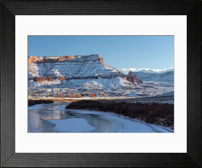 Framed Print : USA, Utah. Fisher Towers, La Sal Mountains, and canyon walls reflected in the icy Colorado River. Date: 05-01-2021