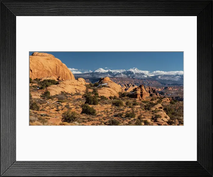 Framed Print : USA, Utah. Vista of sandstone formations in the Sand Flats Recreation Area with La Sal Mountain Range in the background, near Moab. Date: 20-01-2021 Framed Print : USA, Utah. Vista of sandstone formations in the Sand Flats Recreation Area with La Sal Mountain Range in the background, near Moab. Date: 20-01-2021