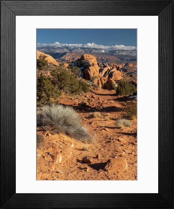 Framed Print : USA, Utah. Vista of sandstone formations in the Sand Flats Recreation Area with La Sal Mountain Range in the background, near Moab. Date: 20-01-2021 Framed Print : USA, Utah. Vista of sandstone formations in the Sand Flats Recreation Area with La Sal Mountain Range in the background, near Moab. Date: 20-01-2021