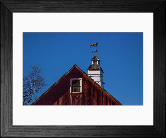 Framed Print : USA, New England, Vermont weather vane on top of wooden barn topped with horse Date: 08-10-2013 Framed Print : USA, New England, Vermont weather vane on top of wooden barn topped with horse Date: 08-10-2013
