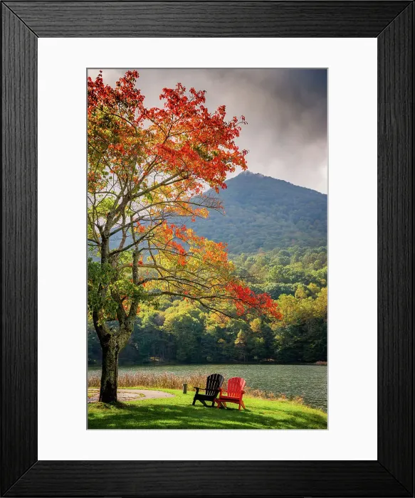 Framed Print : Colorful chairs on the banks of the lake, Peaks Of Otter, Blue Ridge Parkway, Smoky Mountains, USA. Date: 05-10-2018