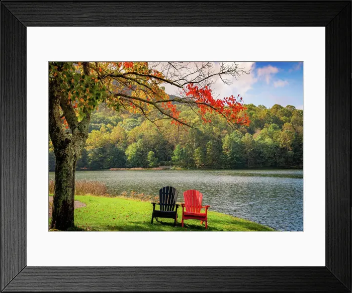 Framed Print : Colorful chairs on the banks of the lake, Peaks Of Otter, Blue Ridge Parkway, Smoky Mountains, USA. Date: 05-10-2018 Framed Print : Colorful chairs on the banks of the lake, Peaks Of Otter, Blue Ridge Parkway, Smoky Mountains, USA. Date: 05-10-2018