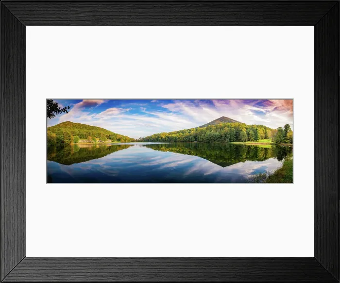 Framed Print : Peaks Of Otter lake reflections panorama, Blue Ridge Parkway, USA. Date: 04-10-2018 Framed Print : Peaks Of Otter lake reflections panorama, Blue Ridge Parkway, USA. Date: 04-10-2018