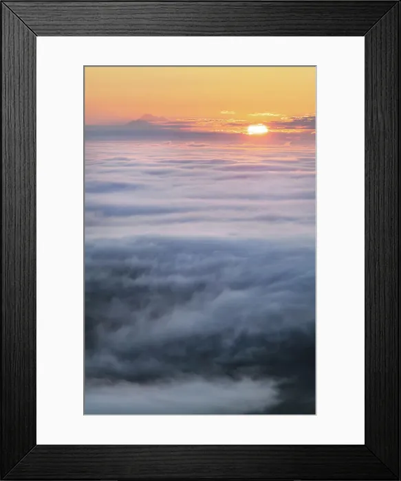 Framed Print : Fog over Puget Sound At sunrise seen from Olympic Mountains. Mount Baker is in the distance Date: 15-07-2021