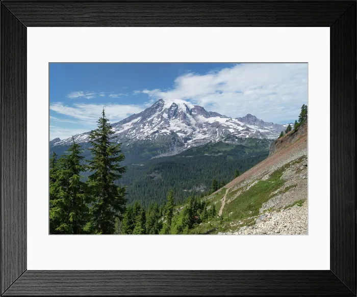 Framed Print : South Face of Mount Rainier seen from Pinnacle Peak Trail. Mount Rainier National Park, Washington State Date: 28-07-2021
