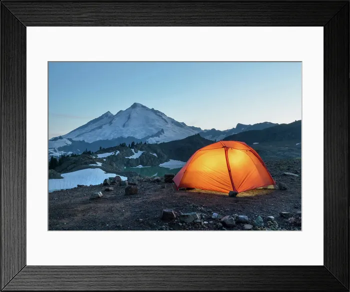 Framed Print : Red Big Agnes backpacking tent illuminated at twilight at backcountry camp on Ptarmigan Ridge. Mount Baker Wilderness. North Cascades, Washington State Date: 24-08-2021 Framed Print : Red Big Agnes backpacking tent illuminated at twilight at backcountry camp on Ptarmigan Ridge. Mount Baker Wilderness. North Cascades, Washington State Date: 24-08-2021