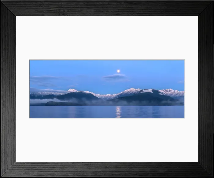 Framed Print : USA, Washington State, Seabeck. Panoramic of moon setting over Olympic Mountains and Hood Canal. Date: 29-01-2021 Framed Print : USA, Washington State, Seabeck. Panoramic of moon setting over Olympic Mountains and Hood Canal. Date: 29-01-2021