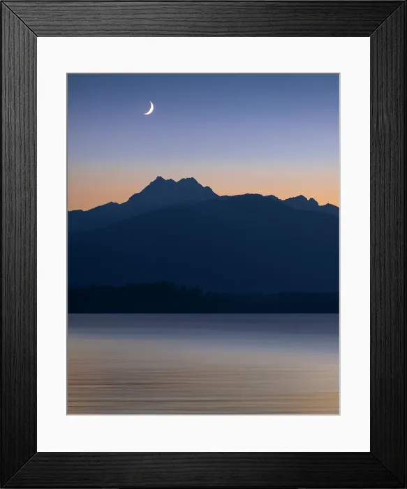 Framed Print : USA, Washington State, Seabeck. Crescent moon at sunset over Hood Canal and Olympic Mountains. Date: 13-07-2021 Framed Print : USA, Washington State, Seabeck. Crescent moon at sunset over Hood Canal and Olympic Mountains. Date: 13-07-2021