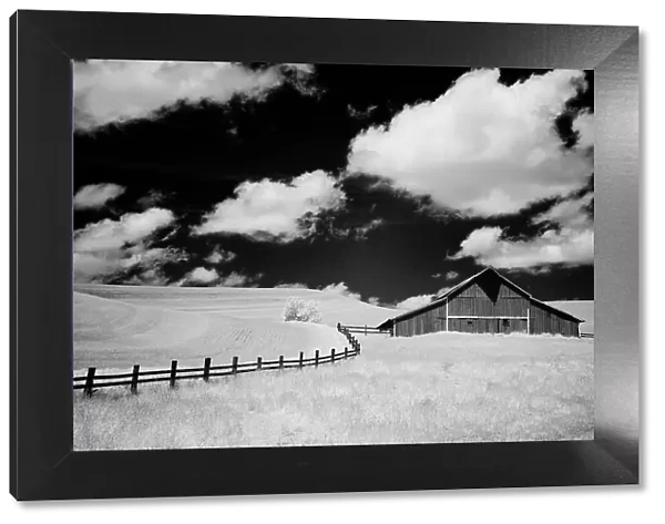USA, Palouse Country, Washington State, Infrared Palouse fields and barn Date: 11-06-2011