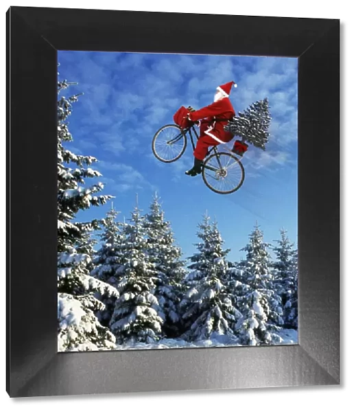 Father Christmas - on bicycle flying through the air Digital Manipulation: Father Christmas (Su). Tree (ME)