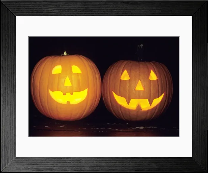 Framed Print : Pumpkins - 2 decorated and lit up from inside with candles, as Halloween lanterns, Lower Saxony, Germany Framed Print : Pumpkins - 2 decorated and lit up from inside with candles, as Halloween lanterns, Lower Saxony, Germany