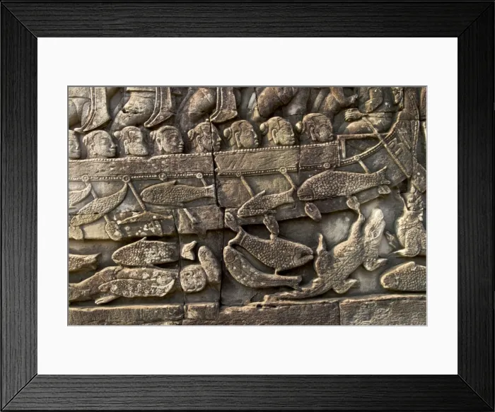 Framed Print : Angkor Bayon bas-reliefs Fish and crocodile cham warship - Cambodia Framed Print : Angkor Bayon bas-reliefs Fish and crocodile cham warship - Cambodia