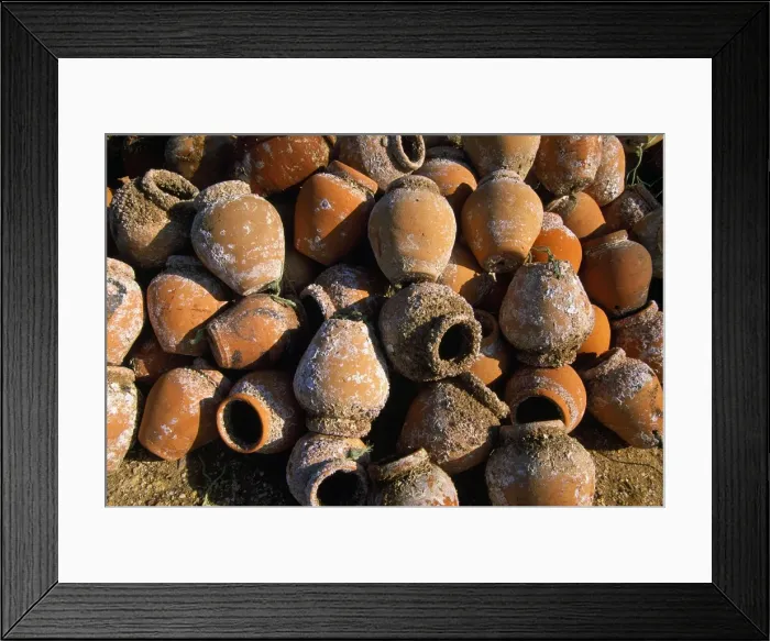 Framed Print : Portugal - terracotta fishing pots with accumulated crustacea. Algarve, Portugal