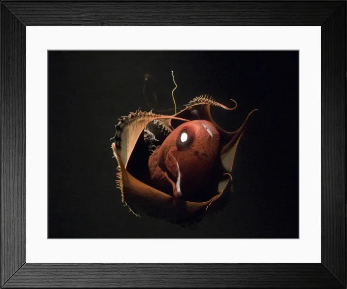 Framed Print : Vampire Squid. Going in to pineapple defensive posture. Photophore illuminated. California USA Framed Print : Vampire Squid. Going in to pineapple defensive posture. Photophore illuminated. California USA