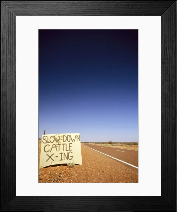 Framed Print : Stuart Highway cattle crossing warning sign Northern Territory, Australia JLR03135 Framed Print : Stuart Highway cattle crossing warning sign Northern Territory, Australia JLR03135