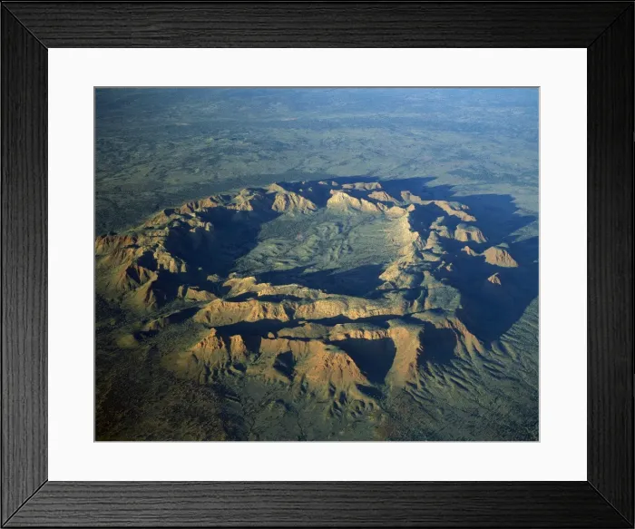 Framed Print : Aerial - Gosse Bluff, meteorite crater created about 130 years ago, showing ramparts 250 m high and inner crater 4 km wide, Tnorala Conservation Reserve, Missionary Plain, Northern Territory, Australia JPF47667 Framed Print : Aerial - Gosse Bluff, meteorite crater created about 130 years ago, showing ramparts 250 m high and inner crater 4 km wide, Tnorala Conservation Reserve, Missionary Plain, Northern Territory, Australia JPF47667