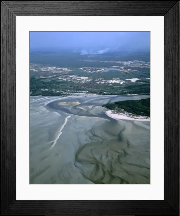 Framed Print : Boucaut Bay, aerial sandy beach & mangrove, bushfire in distance, Arnhemland, Northern Territory, Australia JPF48711