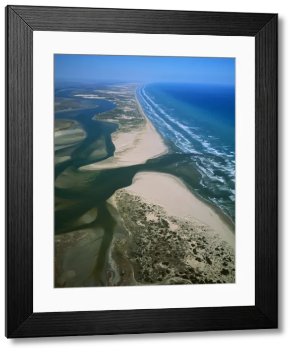 Framed Print : Aerial - Murray River mouth with Sir Richard Peninsula (bottom) and Younghusband Peninsula (top), Coorong National Park, South Australia, Shorebird Network Site; Ramsar wetland JPF49630 Framed Print : Aerial - Murray River mouth with Sir Richard Peninsula (bottom) and Younghusband Peninsula (top), Coorong National Park, South Australia, Shorebird Network Site; Ramsar wetland JPF49630