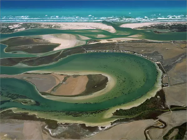 Aerial - Murray River mouth with Hindmarsh Island & Younghusband & Sir Richard Peninsulas South Australia JPF49643