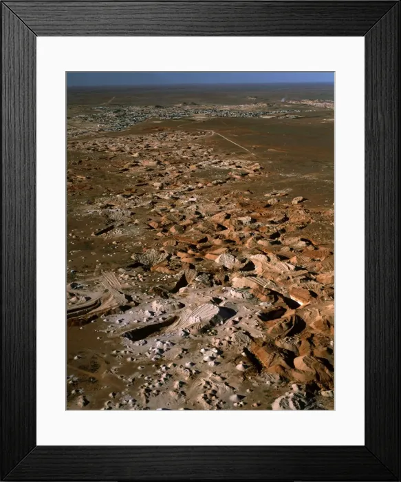 Framed Print : Aerial - Opal mining from the air, and town of Coober Pedy beyond - South Australia JPF51910 Framed Print : Aerial - Opal mining from the air, and town of Coober Pedy beyond - South Australia JPF51910