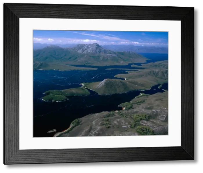 Framed Print : Aerial - Bathurst Channel, Pim Point, Mt Rugby and Bathurst Harbour Southwest National Park, Tasmania (World Heritage Area), Australia JPF49172 Framed Print : Aerial - Bathurst Channel, Pim Point, Mt Rugby and Bathurst Harbour Southwest National Park, Tasmania (World Heritage Area), Australia JPF49172