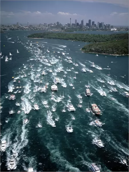 Aerial - Sydney to Hobart yacht race sailing out of Sydney Harbour - Australia JPF52403