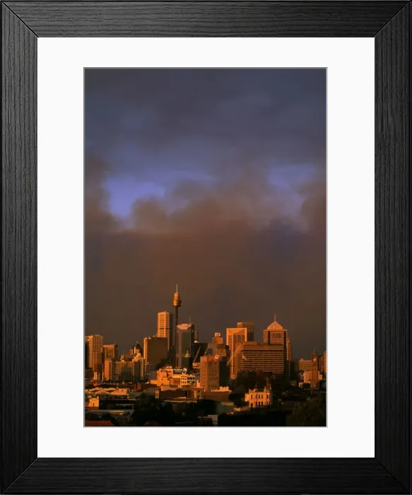 Framed Print : Bushfires - Smoke from raging bushfire dwarfs the Sydney city centre - View from Sydney, New South Wales - Australia JPF33264 Framed Print : Bushfires - Smoke from raging bushfire dwarfs the Sydney city centre - View from Sydney, New South Wales - Australia JPF33264