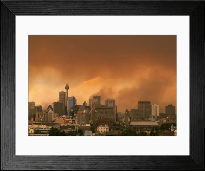 Framed Print : Bushfires - Smoke from raging bushfire dwarfs the Sydney city centre - View from Sydney - New South Wales, Australia JPF33269 Framed Print : Bushfires - Smoke from raging bushfire dwarfs the Sydney city centre - View from Sydney - New South Wales, Australia JPF33269