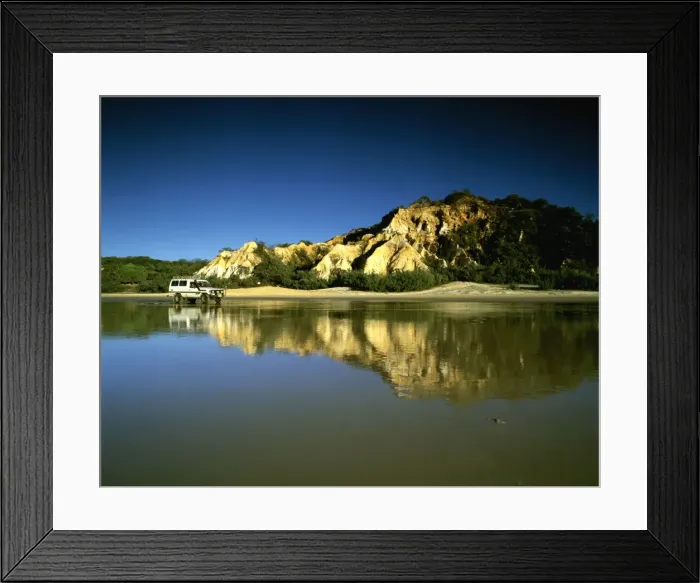 Framed Print : The Pinnacles - with 4WD vehicle and reflection - Great Sandy National Park, Fraser Island, Queensland, Australia JPF34110