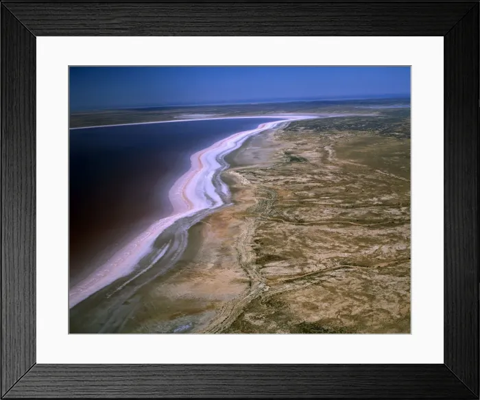 Framed Print : Aerial - Lake Eyre North Dry salt lake that floods a few times each century. Jackboot Bay, along Hunt Peninsula (Elliot Price Conservation Park) fills with pink tinted water (algae) Lake Eyre National Park, South Australia JPF46509