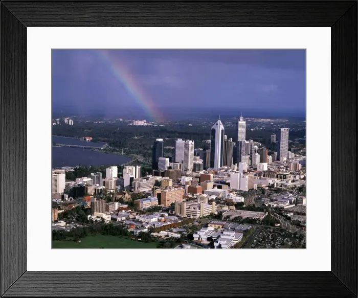 Framed Print : Aerial - Rainbow over Perth, Western Australia JPF46414 Framed Print : Aerial - Rainbow over Perth, Western Australia JPF46414