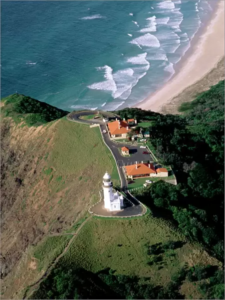 Aerial - Byron Bay lighthouse from the air New South Wales, Australia JPF48934
